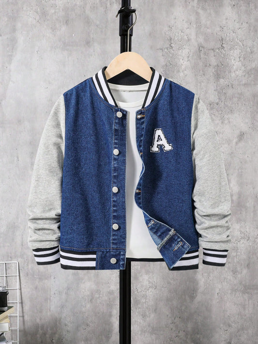 Tween Boy Letter Patched Striped Trim Colorblock Denim Varsity Jacket Without Tee