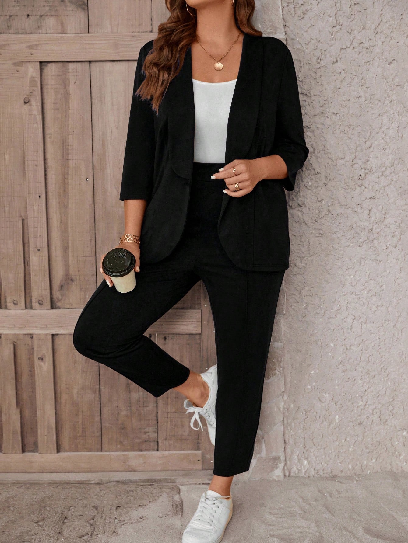 Plus Shawl Collar Open Front Blazer & Pants