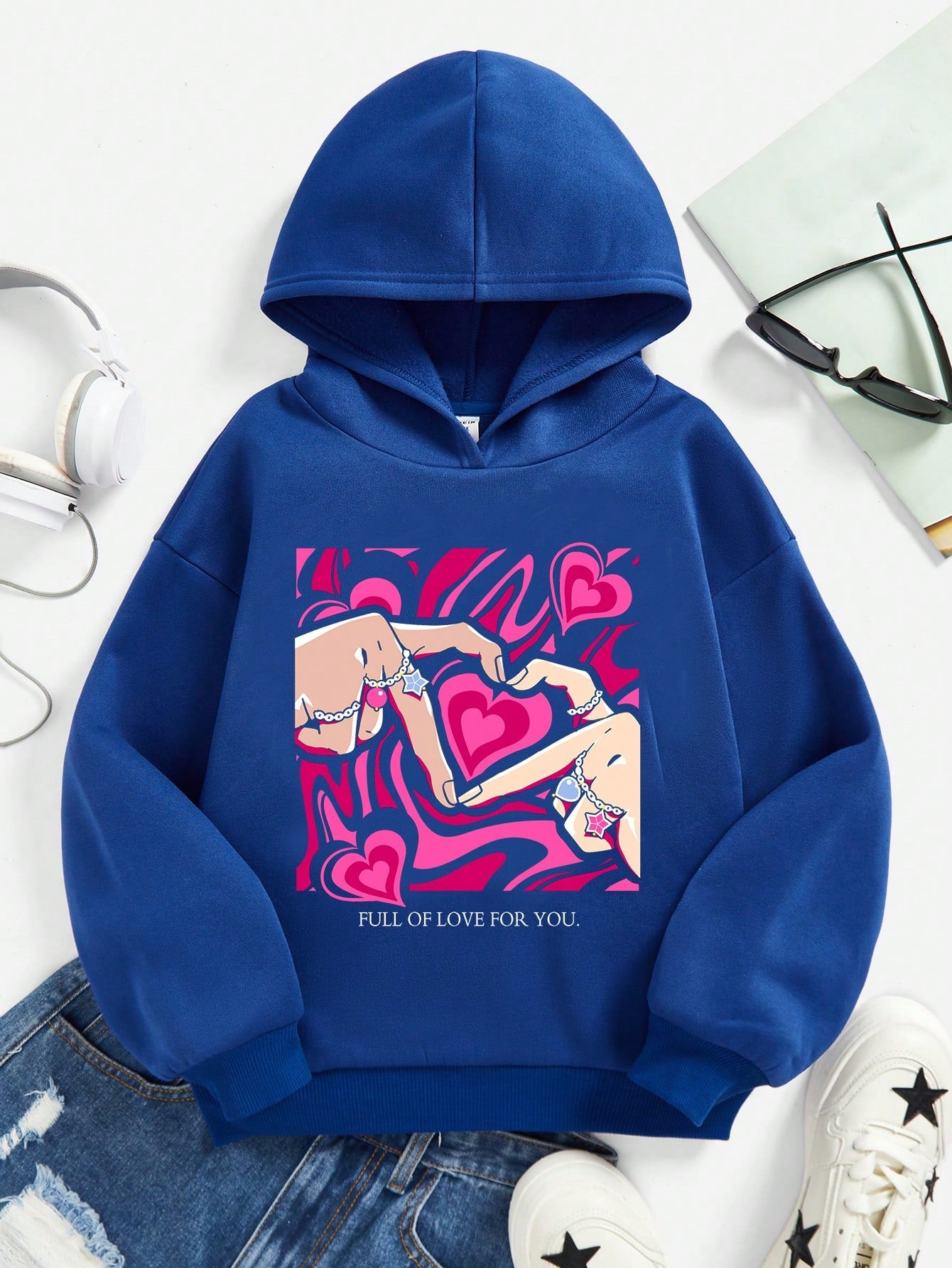 Teen Girl Heart & Slogan Graphic Hoodie