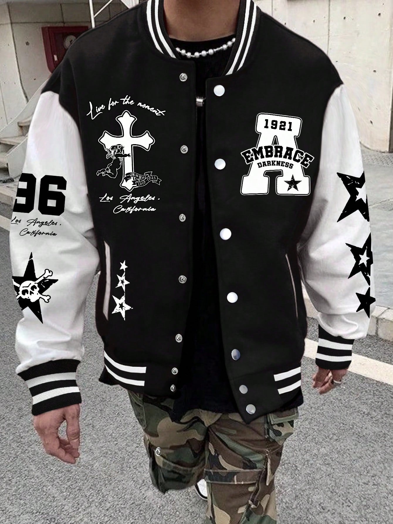 Oversized Men's Letter Printed Contrast Color Baseball Jacket And Sweatpants Two Piece Set