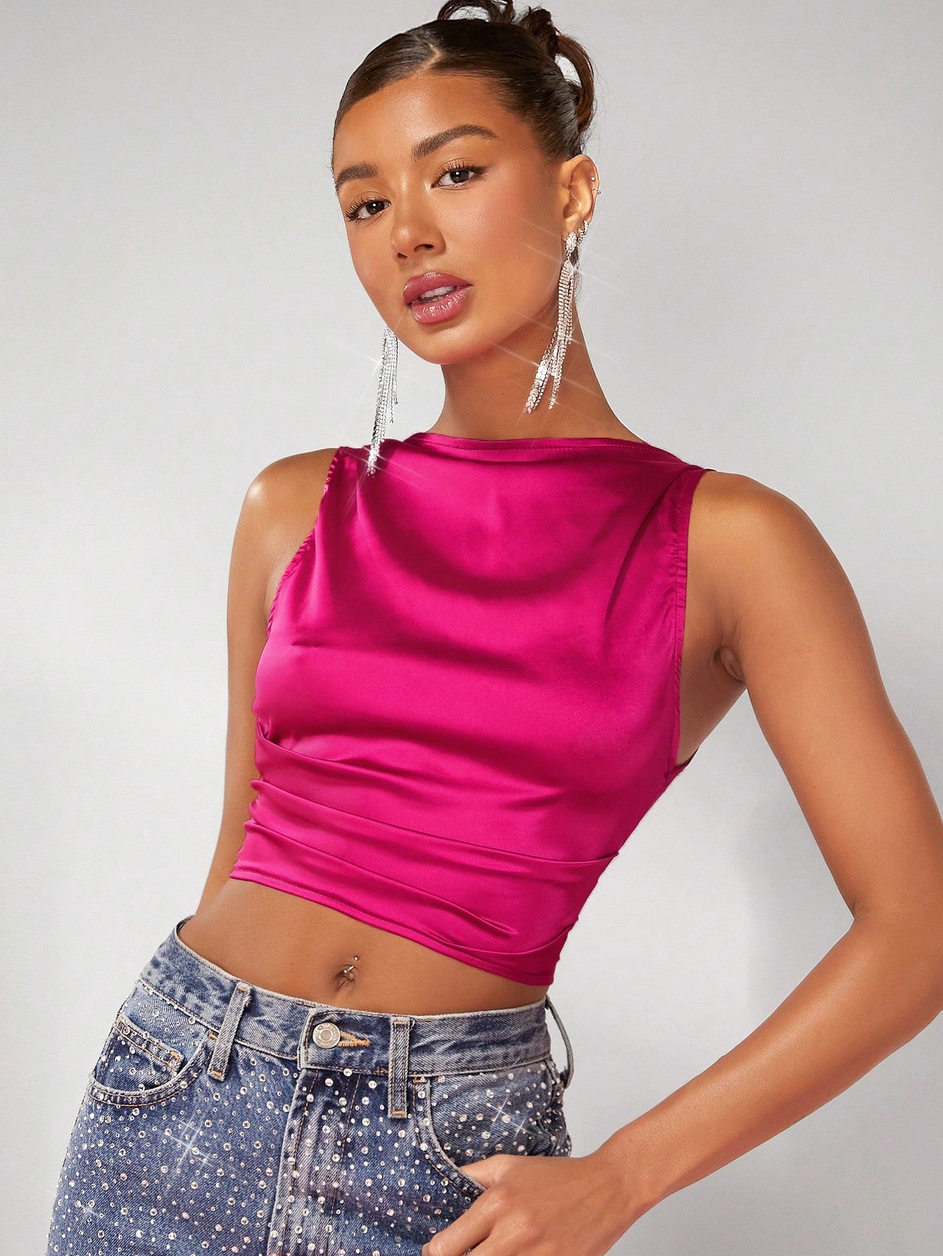 Solid Ruched Crop Satin Blouse