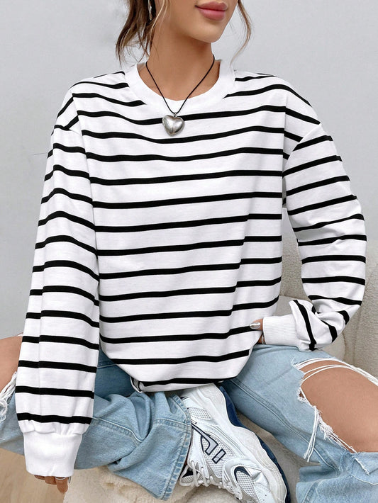 Spring White Striped Print Drop Shoulder Sweatshirt Hoodie