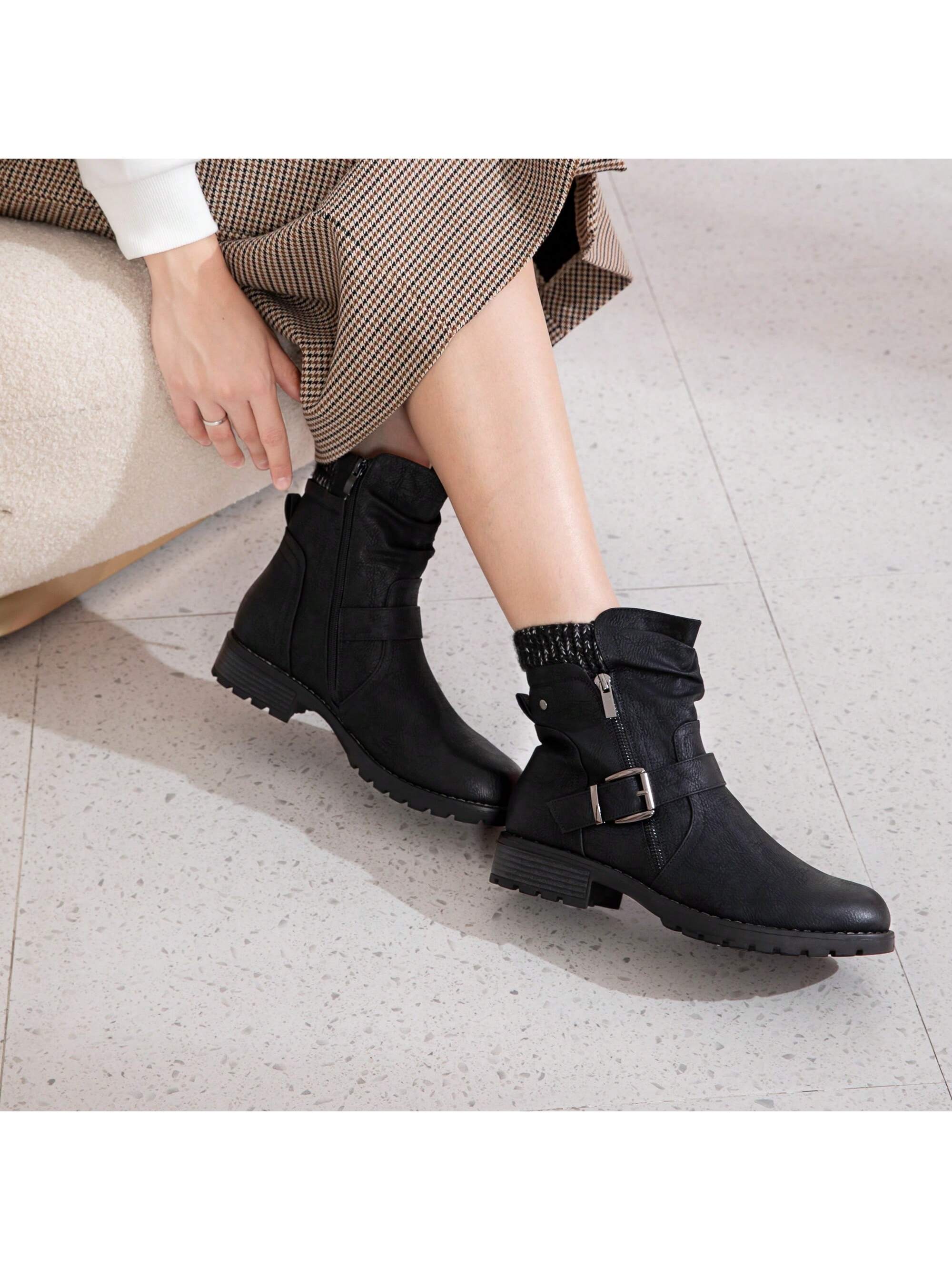 Women's Spring Combat Boots Fashion Side Zipper Buckle Ankle Booties