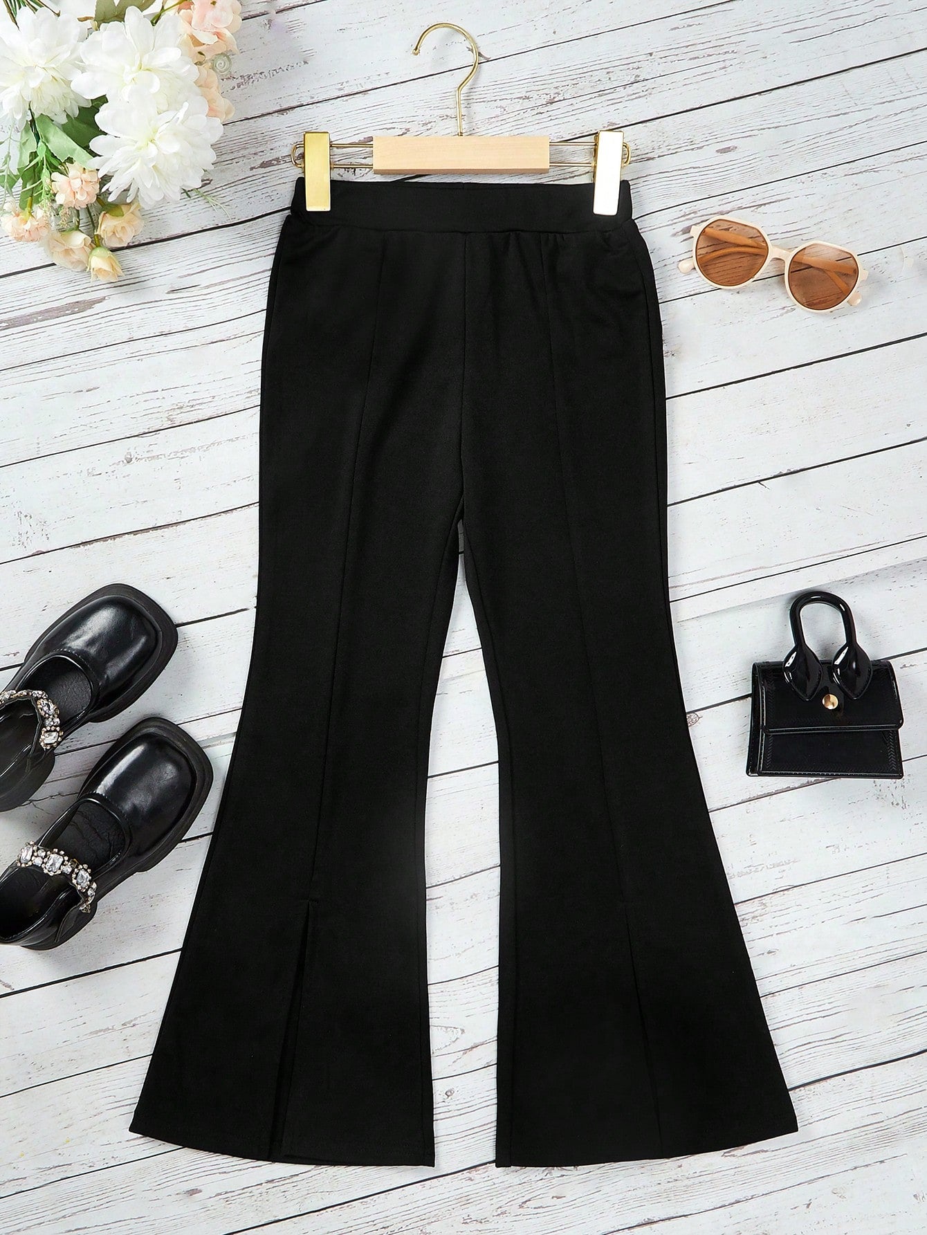 Tween Girl Daily Casual Knitted Solid Color Slit Hem Slim Flare Pants