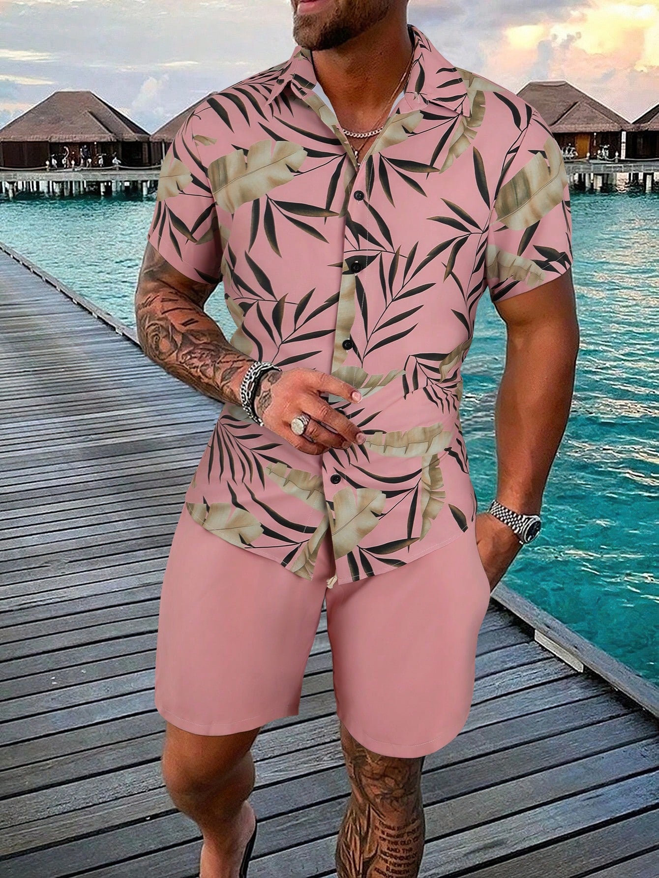 Men Tropical Print Shirt & Shorts