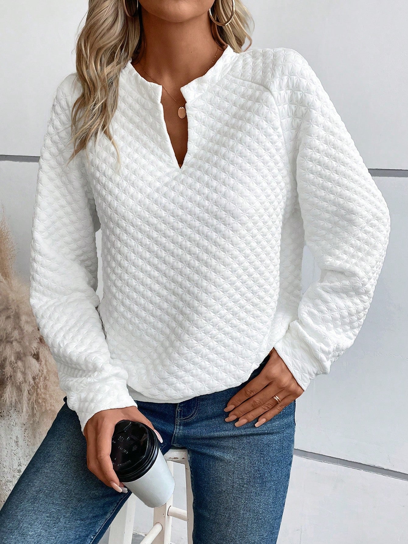 Notched Neckline Raglan Sleeve Sweatshirt