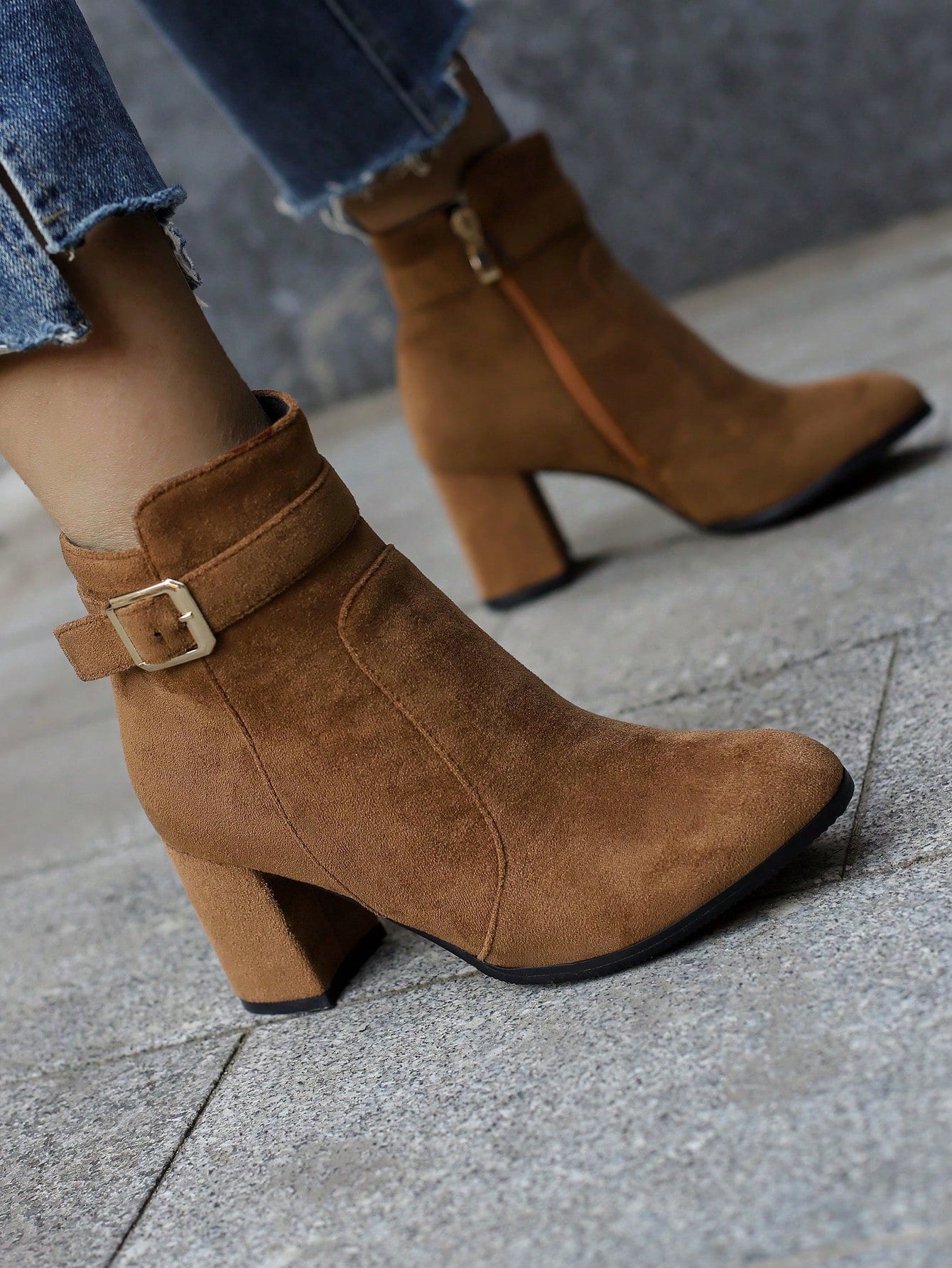 Pink Buckle Design Pu High Heel Women's Fashionable Short Boots For Autumn/winter