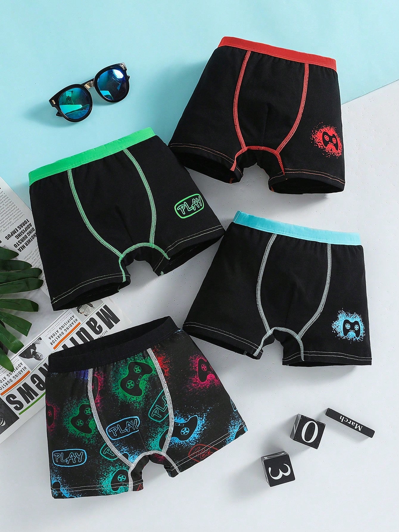 4pcs/Set Tween Boy Fluorescent Gaming Controller Letter Printed Boxer Briefs