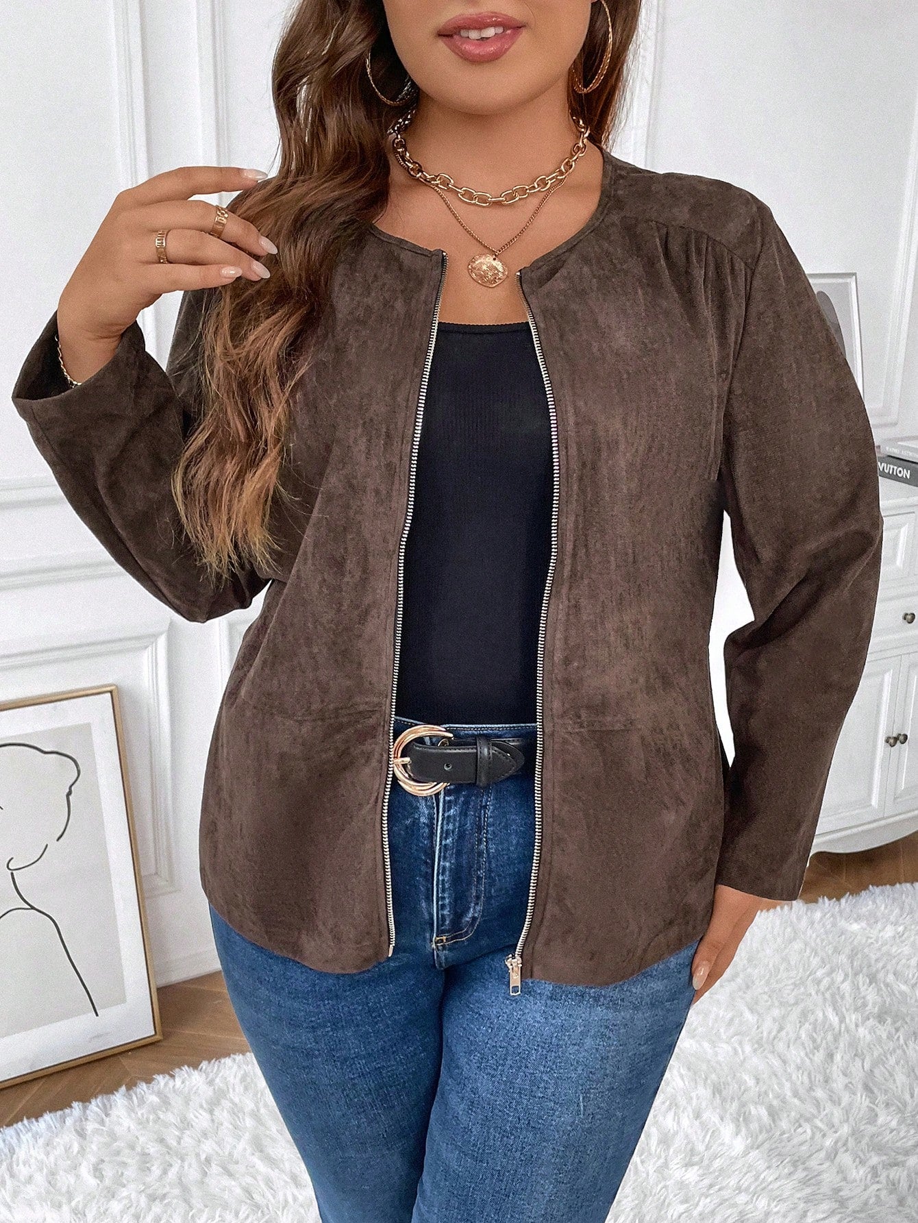 Plus Size Women's Solid Color Simple Daily Long Sleeve Jacket