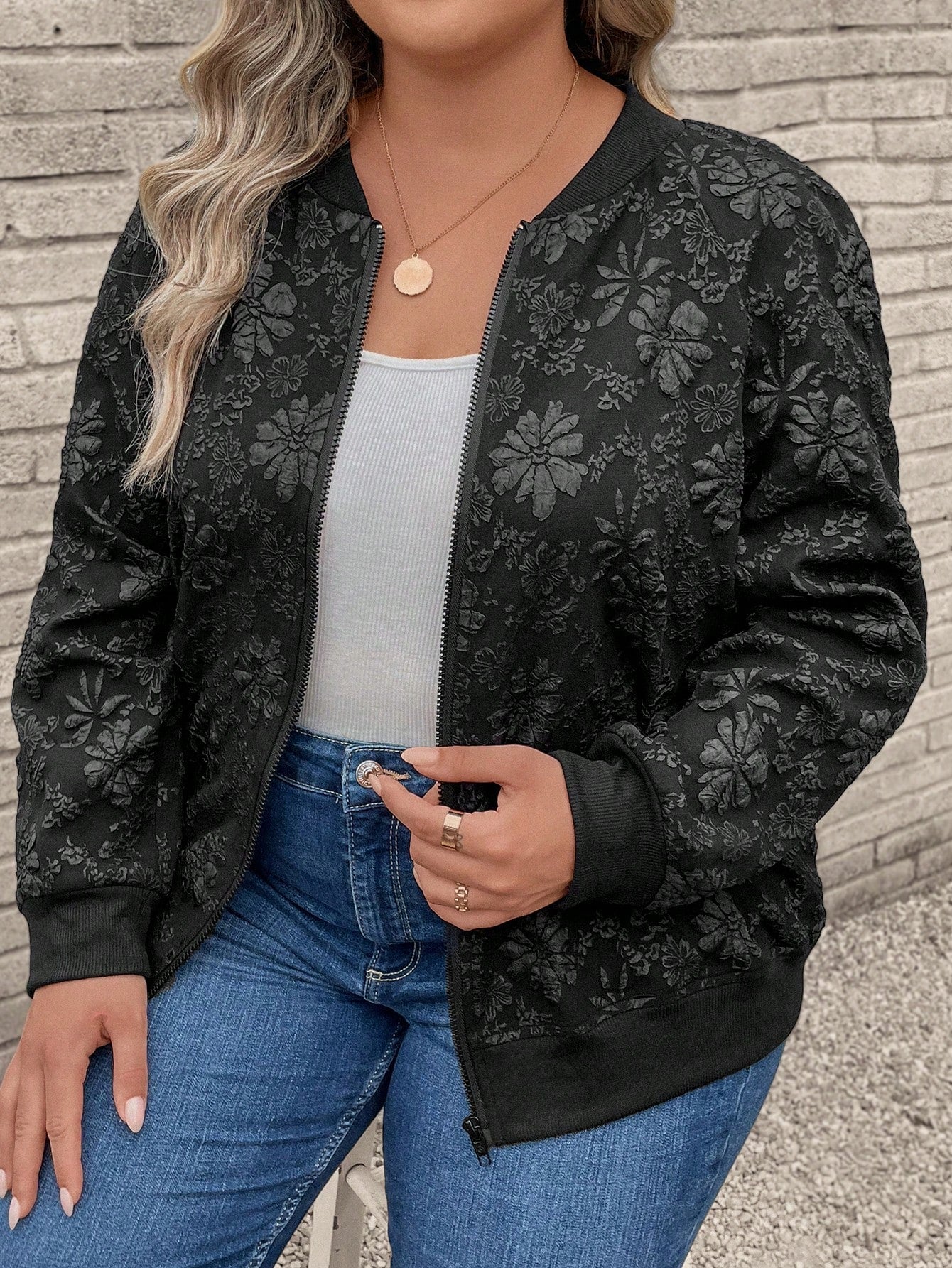 Plus Floral Jacquard Zip Up Bomber Jacket