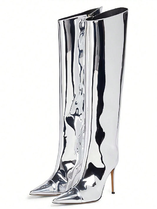 Women's Metallic Mirror Over The Knee Boots With Pointed Toe, Side Zipper, Thin High Heel, Sexy Party Glitter Silver Long Boots