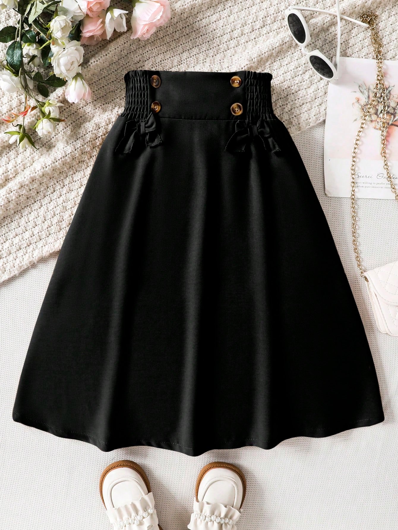 Tween Girl Bowknot A-Line Skirt, Sweet & Elegant, High Waist Design, Bow Decoration, Flared Hemline, Soft & Breathable