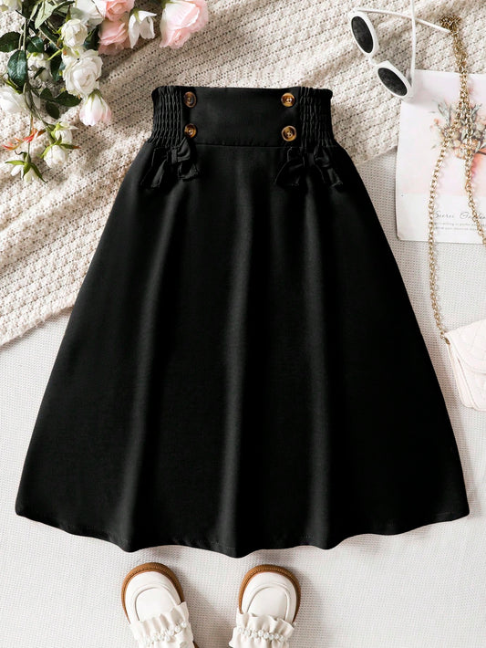 Tween Girl Bowknot A-Line Skirt, Sweet & Elegant, High Waist Design, Bow Decoration, Flared Hemline, Soft & Breathable