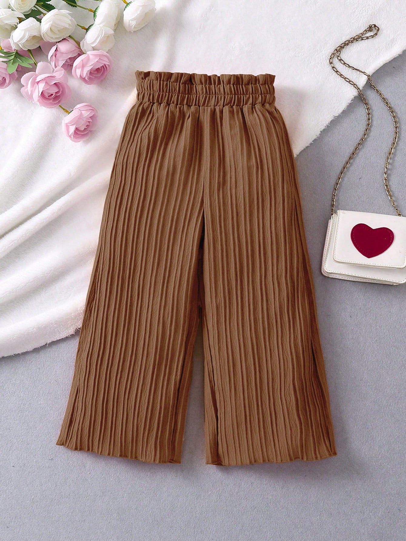 Young Girl Solid Color Elastic High Waisted Wide Leg Pants With Textured Finish