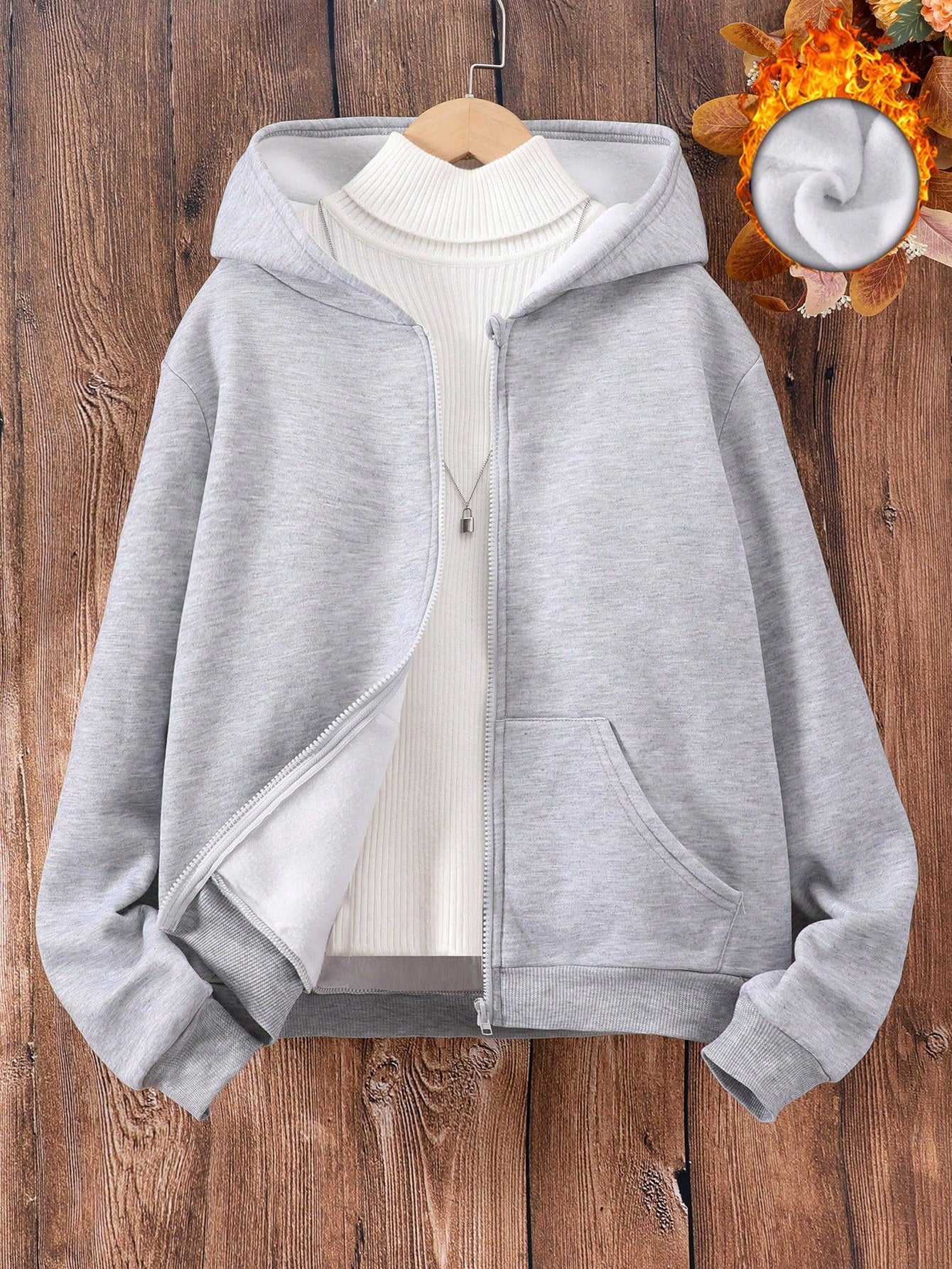 Teen Girl Zip Up Thermal Lined Hoodie Without Sweater