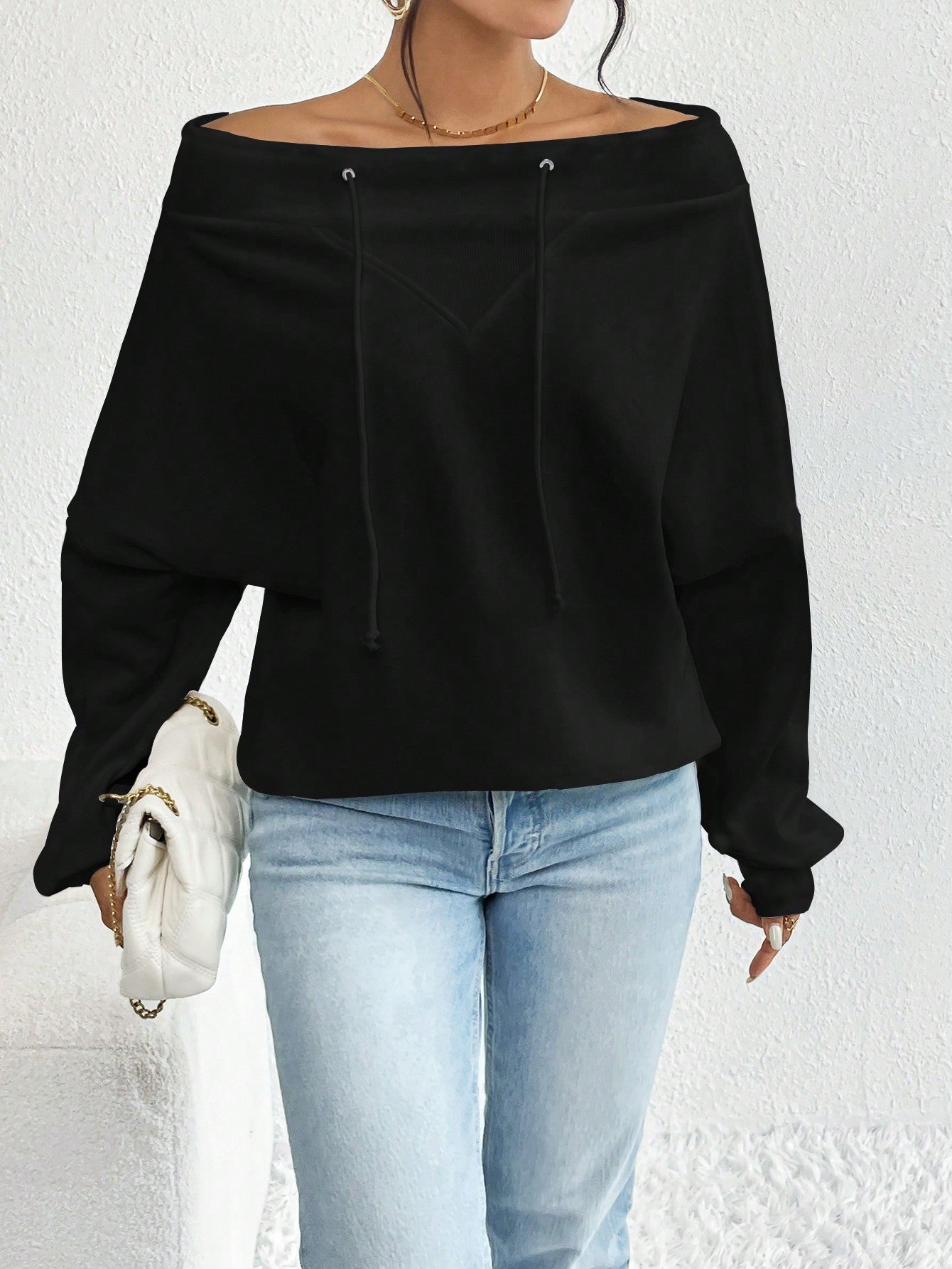 Off Shoulder Batwing Sleeve Drawstring Sweatshirt