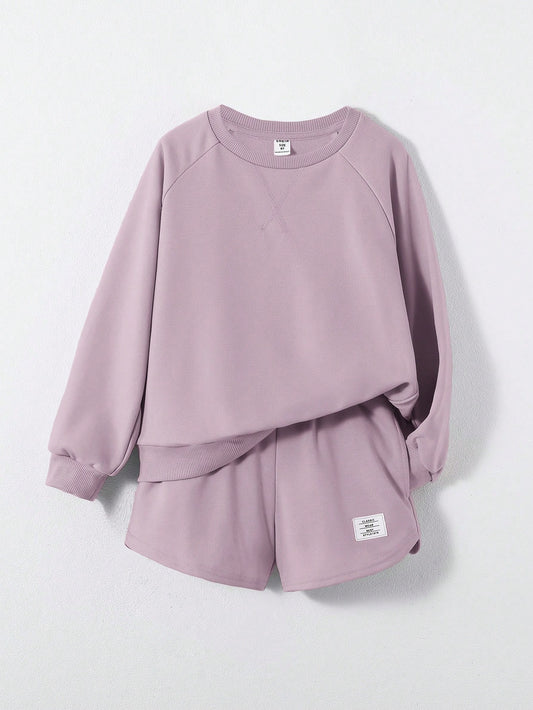 Tween Girl Letter Patched Raglan Sleeve Pullover & Shorts