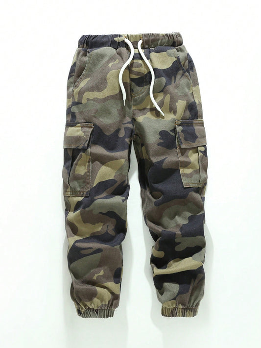 Young Boy Camo Print Flap Pocket Cargo Jeans