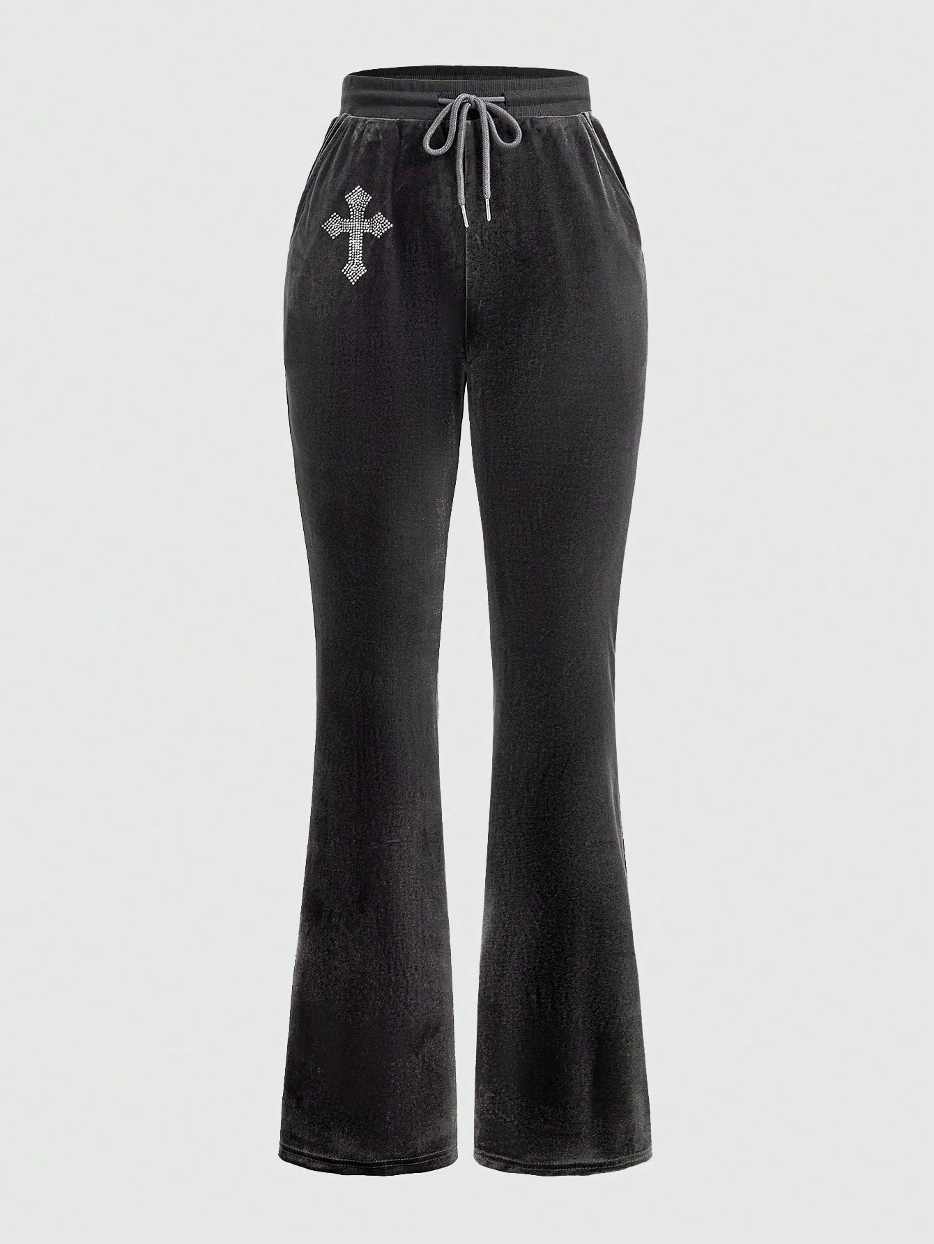 Goth Cross Pattern Drawstring Waist Velvet Flare Leg Pants, School