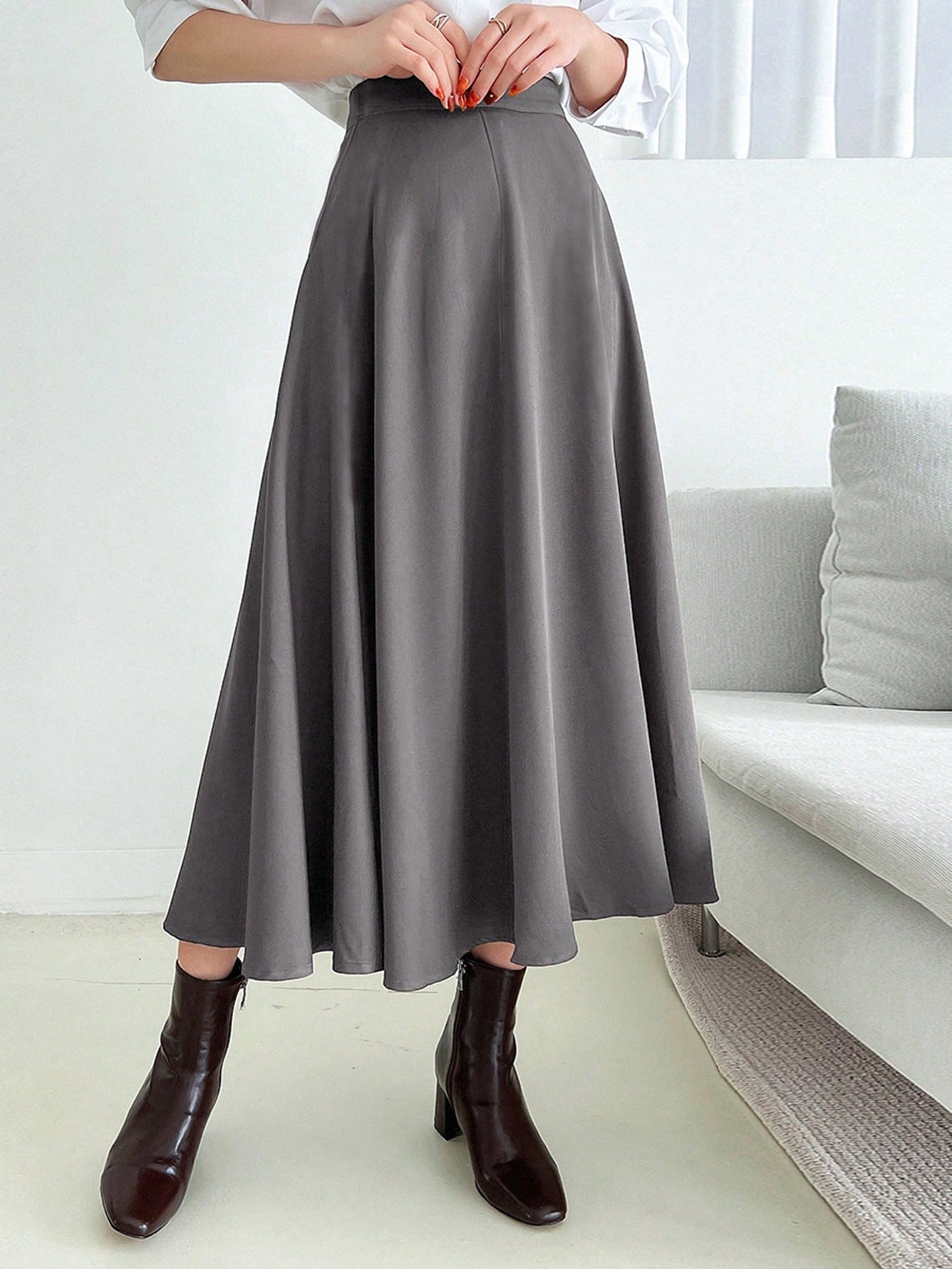 Solid Long Flare Skirt