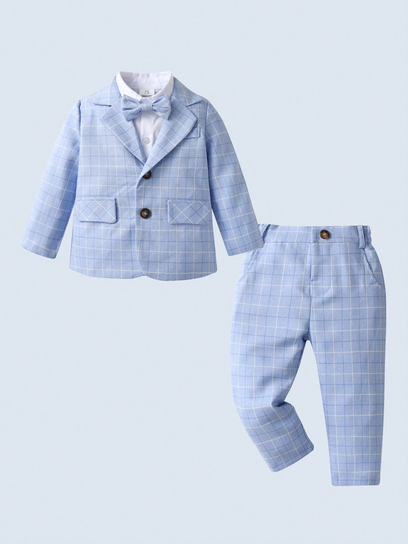 Young Boy 3pcs/Set Gentleman Suit Including White Shirt With Bow Tie, Blue Suit Jacket & Pants, Suitable For Birthday Parties, Evening Events, Performances, Weddings, Baptisms, 1st Birthdays