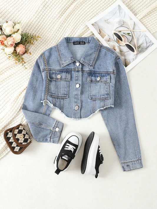 Kids Tween Girl Flap Pocket Raw Hem Crop Denim Jacket