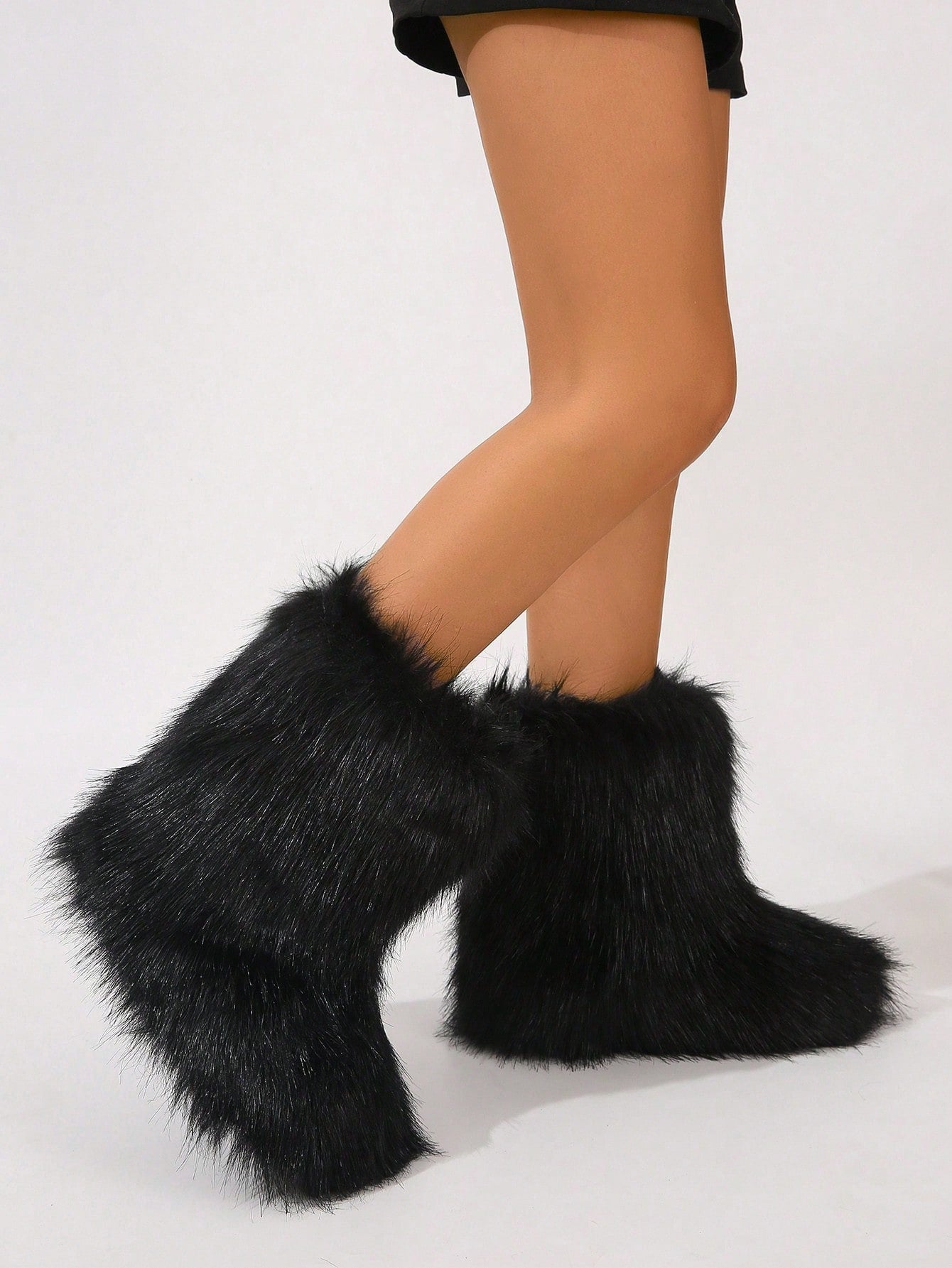 Women Winter Boots, Faux Fur Flat Snow Boots, Over The Knee Boots, Black & White Knee-High Boots, Furry Boots