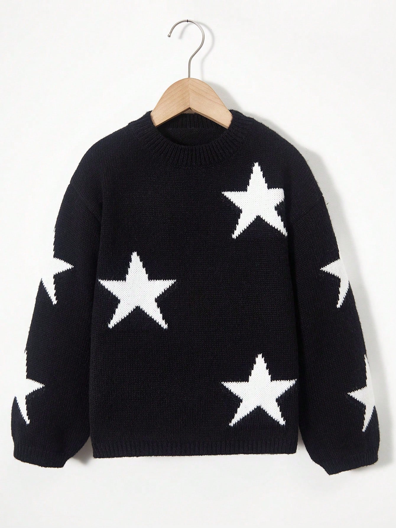 Tween Girl Star Pattern Round Neck Drop Shoulder Sweater