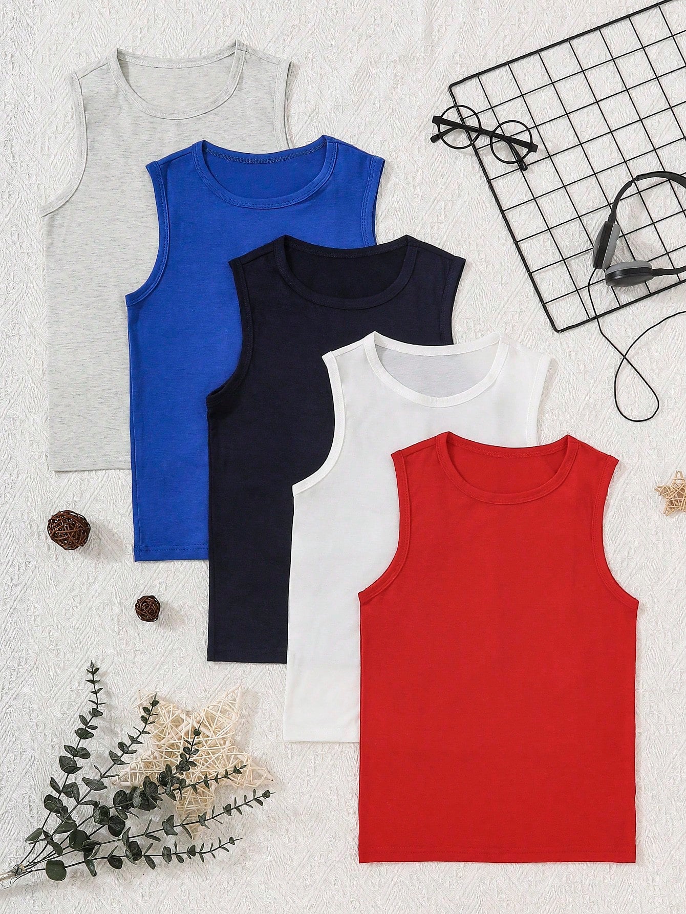 5pcs/Set Tween Boy Summer Casual Solid Color Vest And T-Shirt, Base Layer