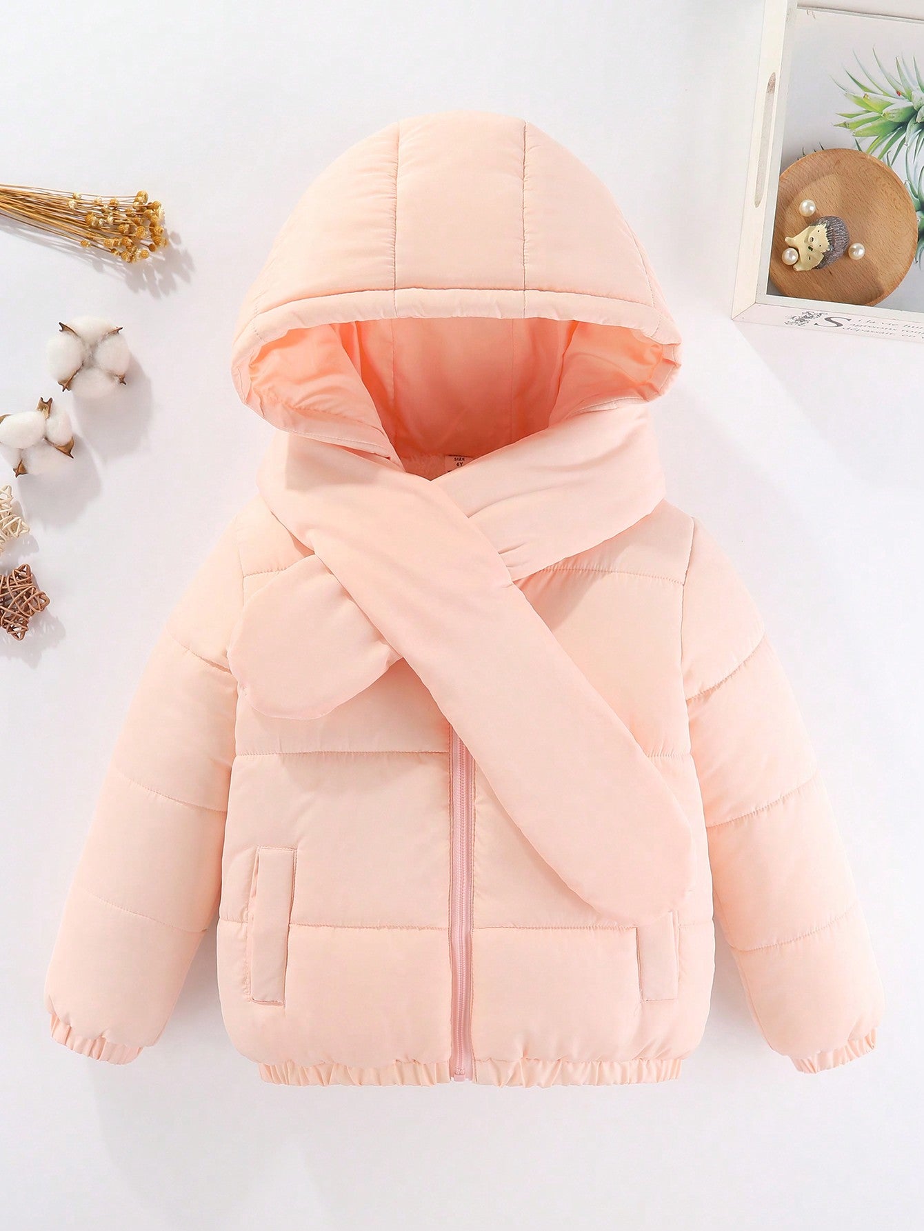 Young Girl Solid Zip Up Hooded Puffer Coat With Scarf