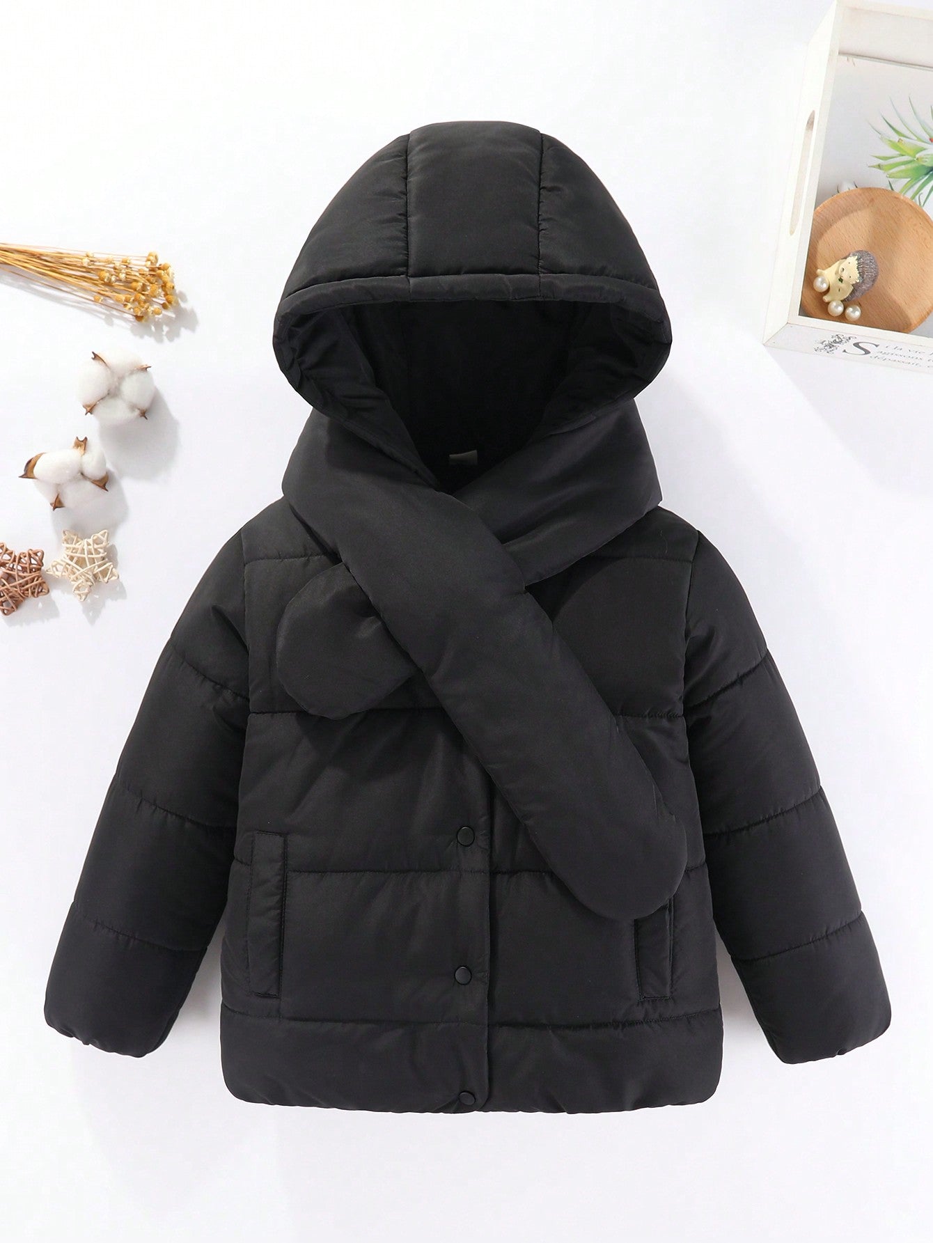 Young Girl Solid Hooded Puffer Coat With Scarf