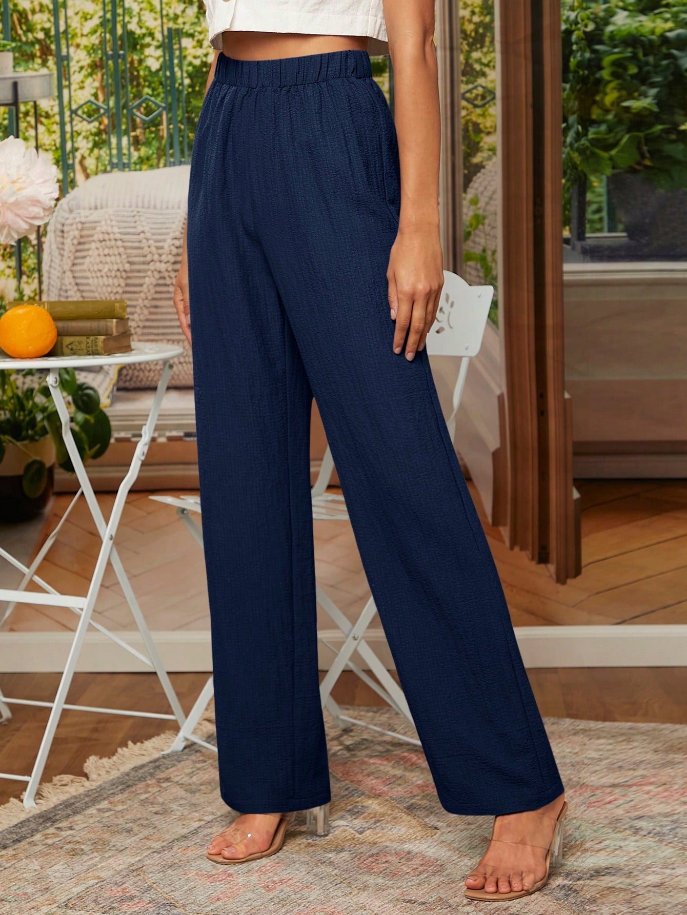 Solid Elastic Waist Straight Leg Pants