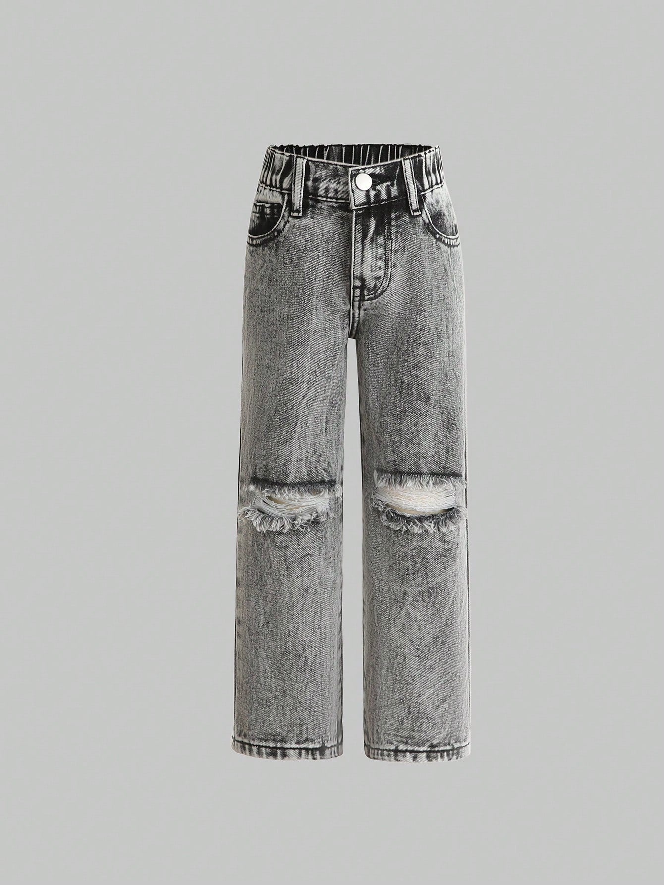 Young Girl All-Match Wide-Leg Denim Pants With Distressed Details, Casual And Versatile