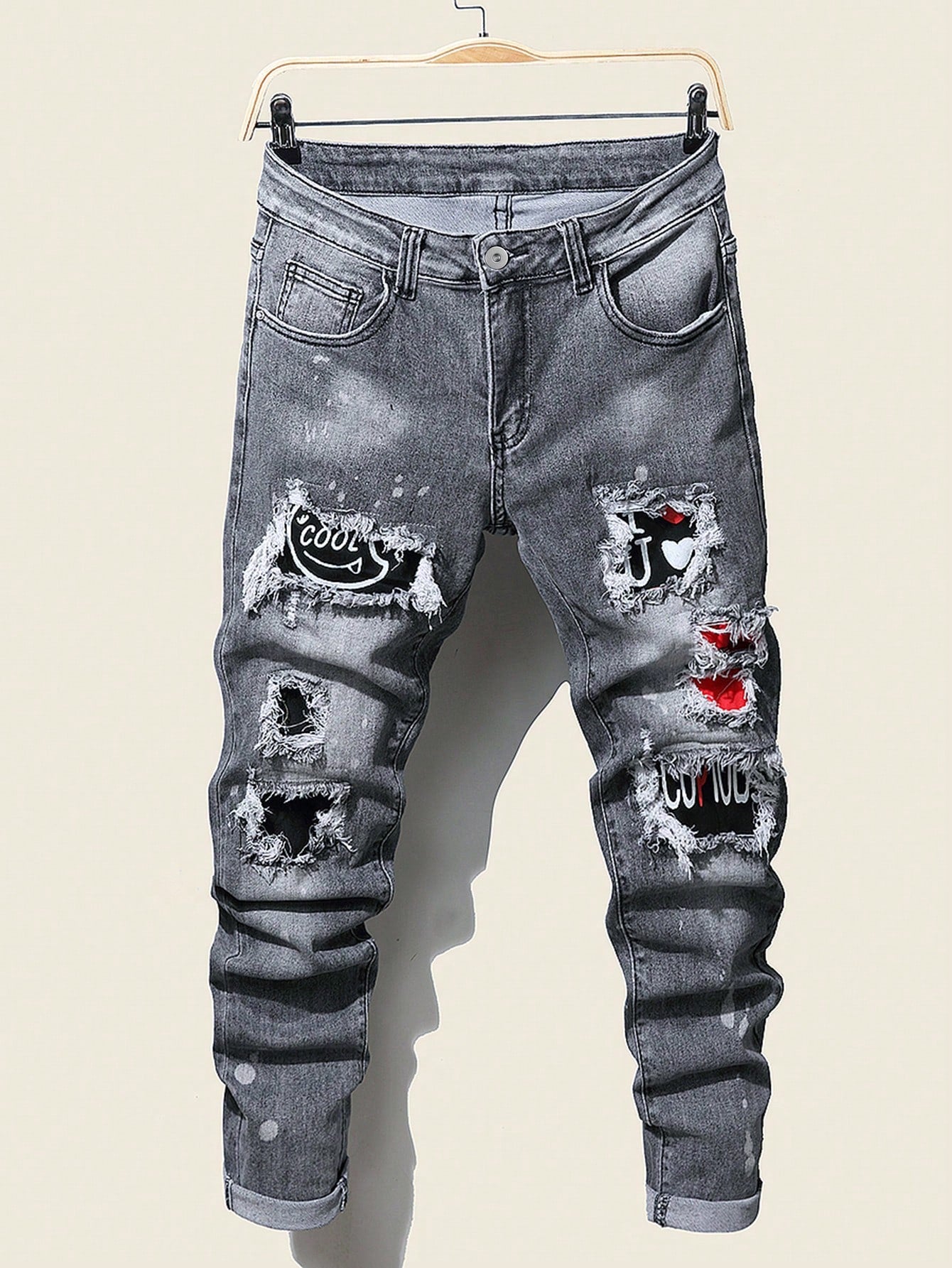 Men Cotton Letter Patched Ripped Jeans