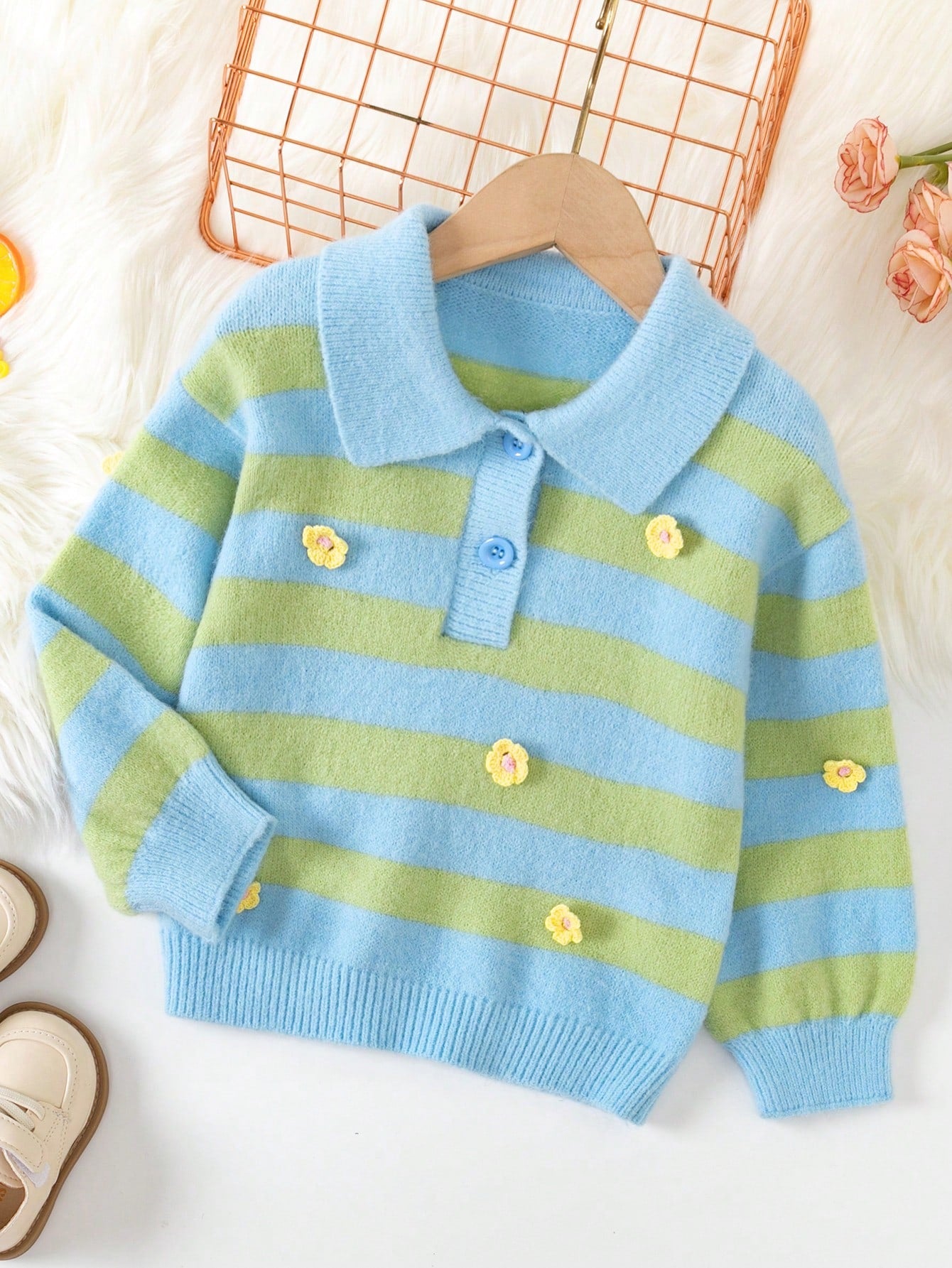 Young Girl Striped Pattern Polo Neck Button Front Sweater