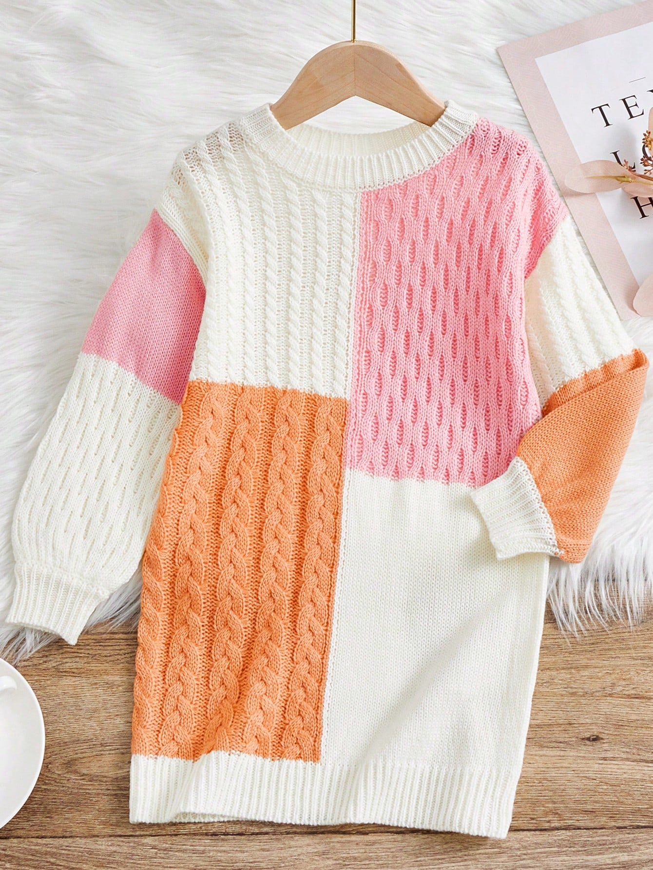 Tween Girls' Colorblock Loose Fit Long Sleeve Sweater Dress With Round Neck