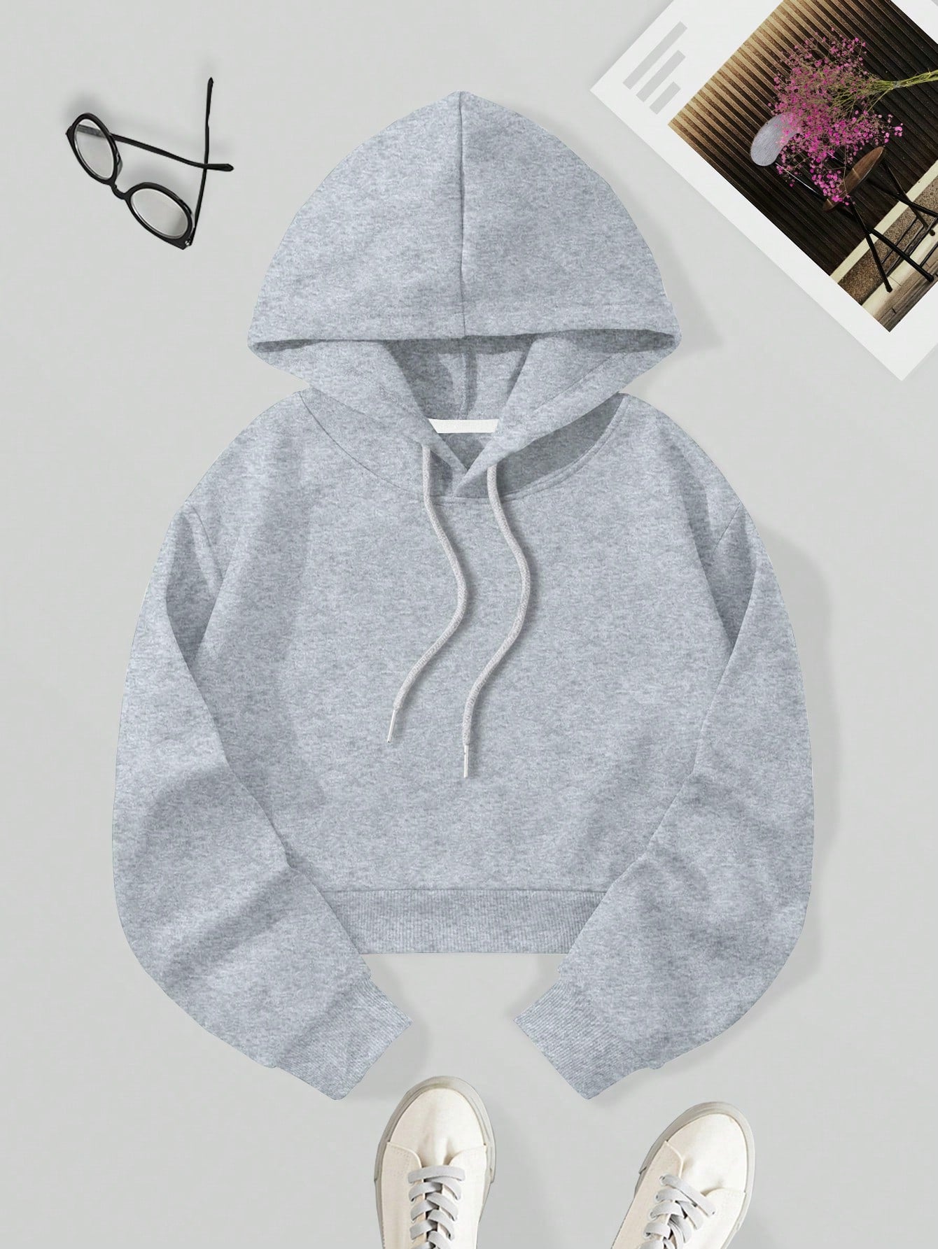 Solid Drawstring Crop Thermal Lined Hoodie