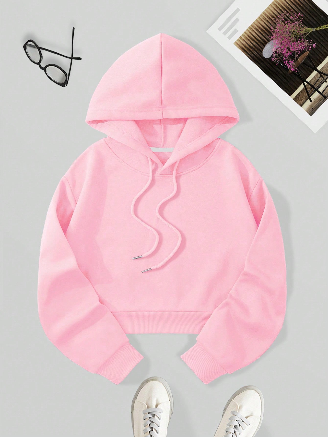 Solid Drawstring Crop Thermal Lined Hoodie