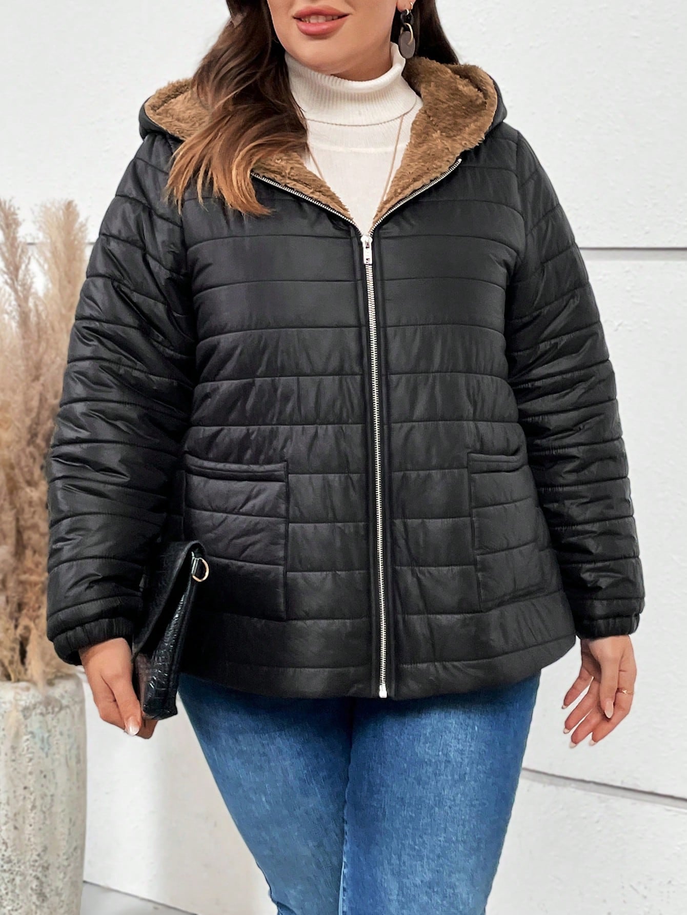 Plus Dual Pocket Teddy Lined Hooded Puffer Coat