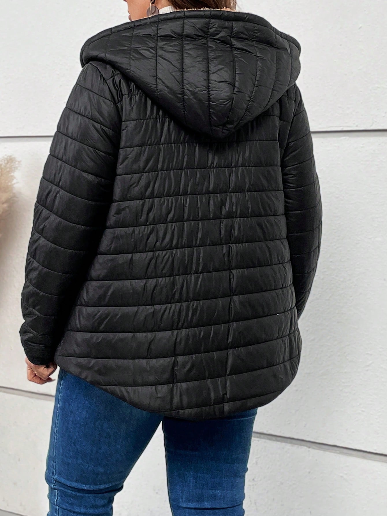 Plus Dual Pocket Teddy Lined Hooded Puffer Coat