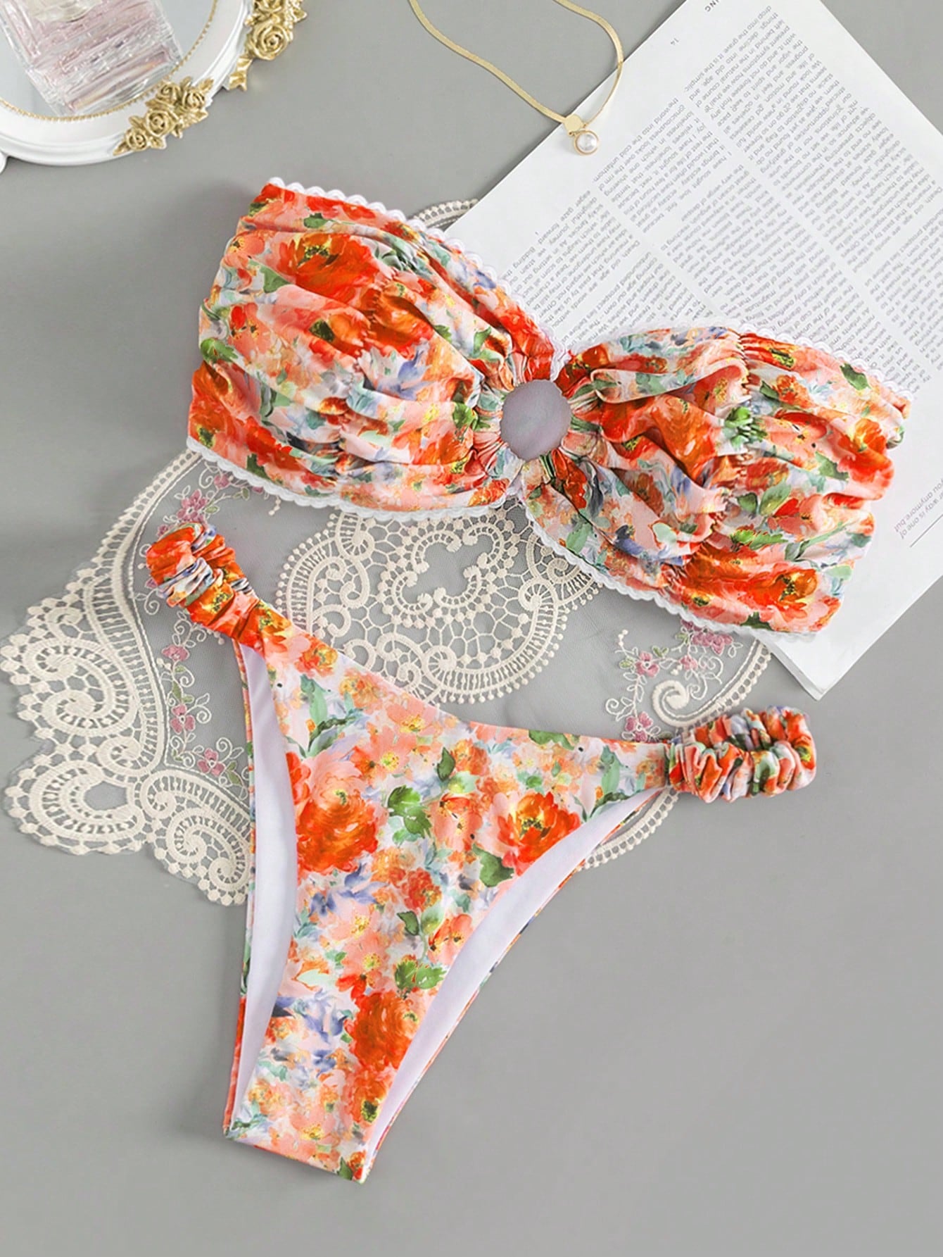 Swim Mod Summer Beach Floral Print Bandeau Bikini Set