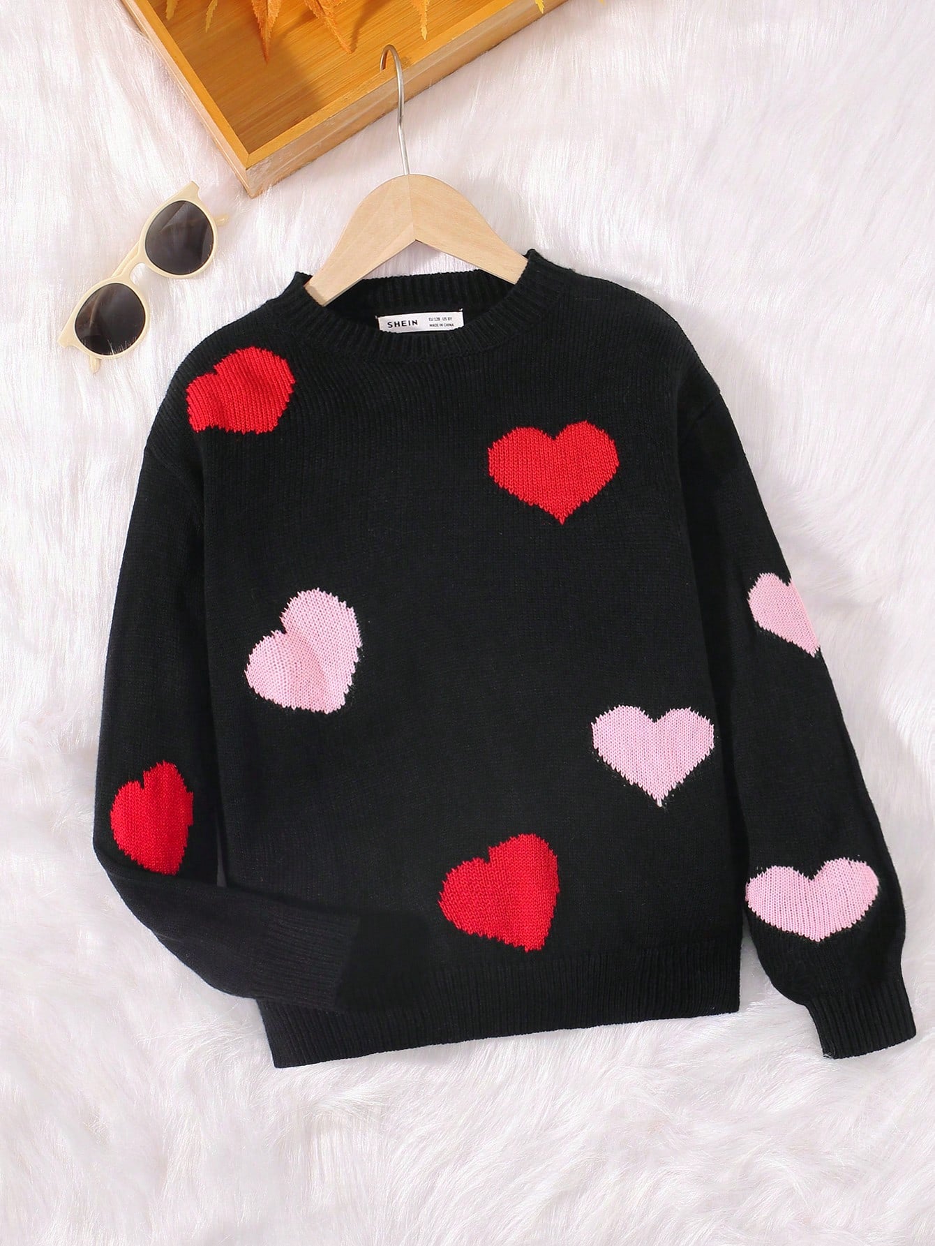 Tween Girls Heart Pattern Drop Shoulder Sweater