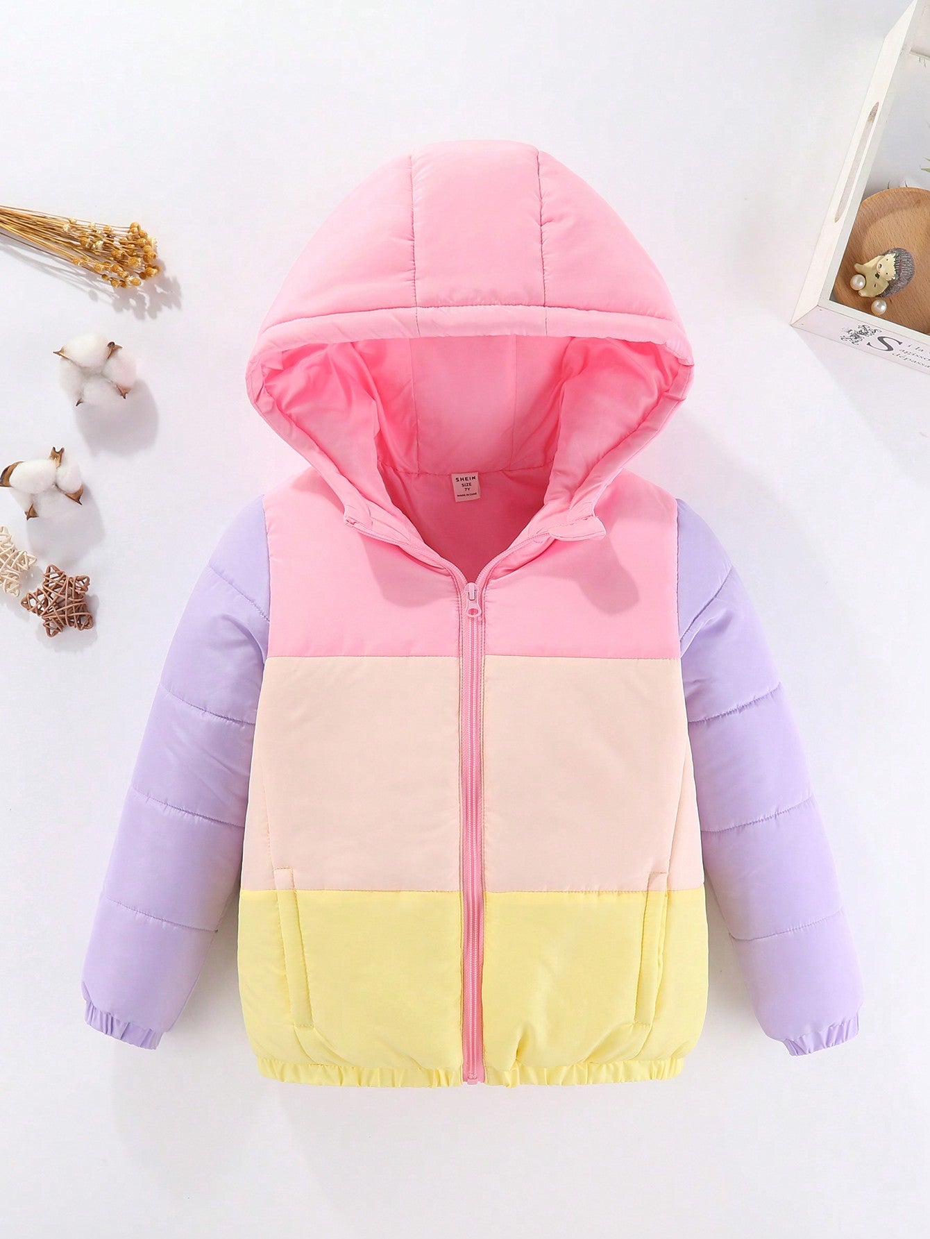 Young Girl Colorblock Zip Up Hooded Puffer Coat