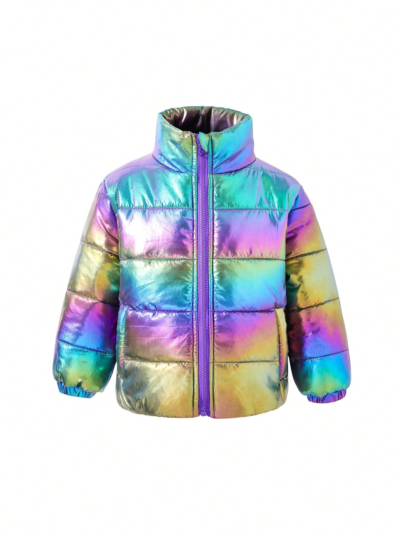 Young Girl Holographic Zip Up Puffer Coat