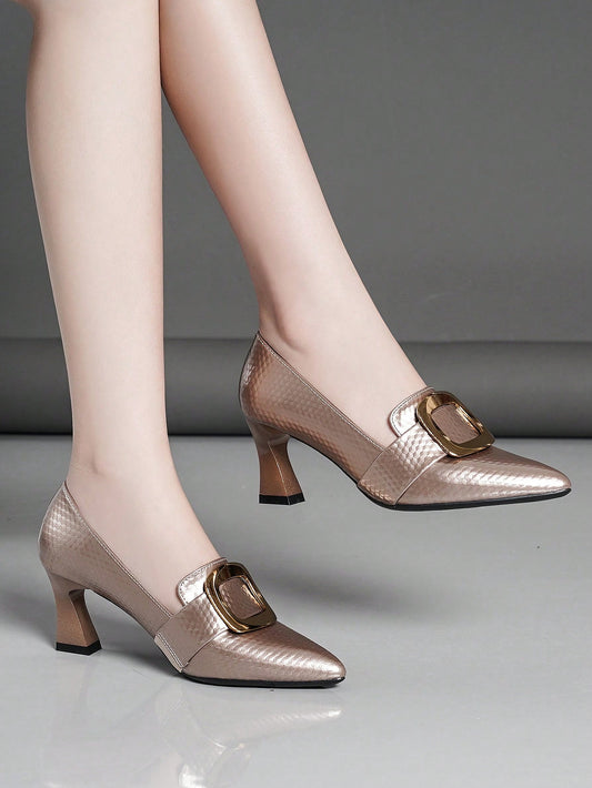 Women's High Heel Pumps With Metallic Decoration, Pointed Toe, Chunky Heel, Sexy And Fashionable