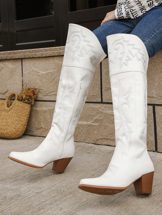 Fashionable Square Toe Chunky Heel Cowboy Western Embroidered Boots