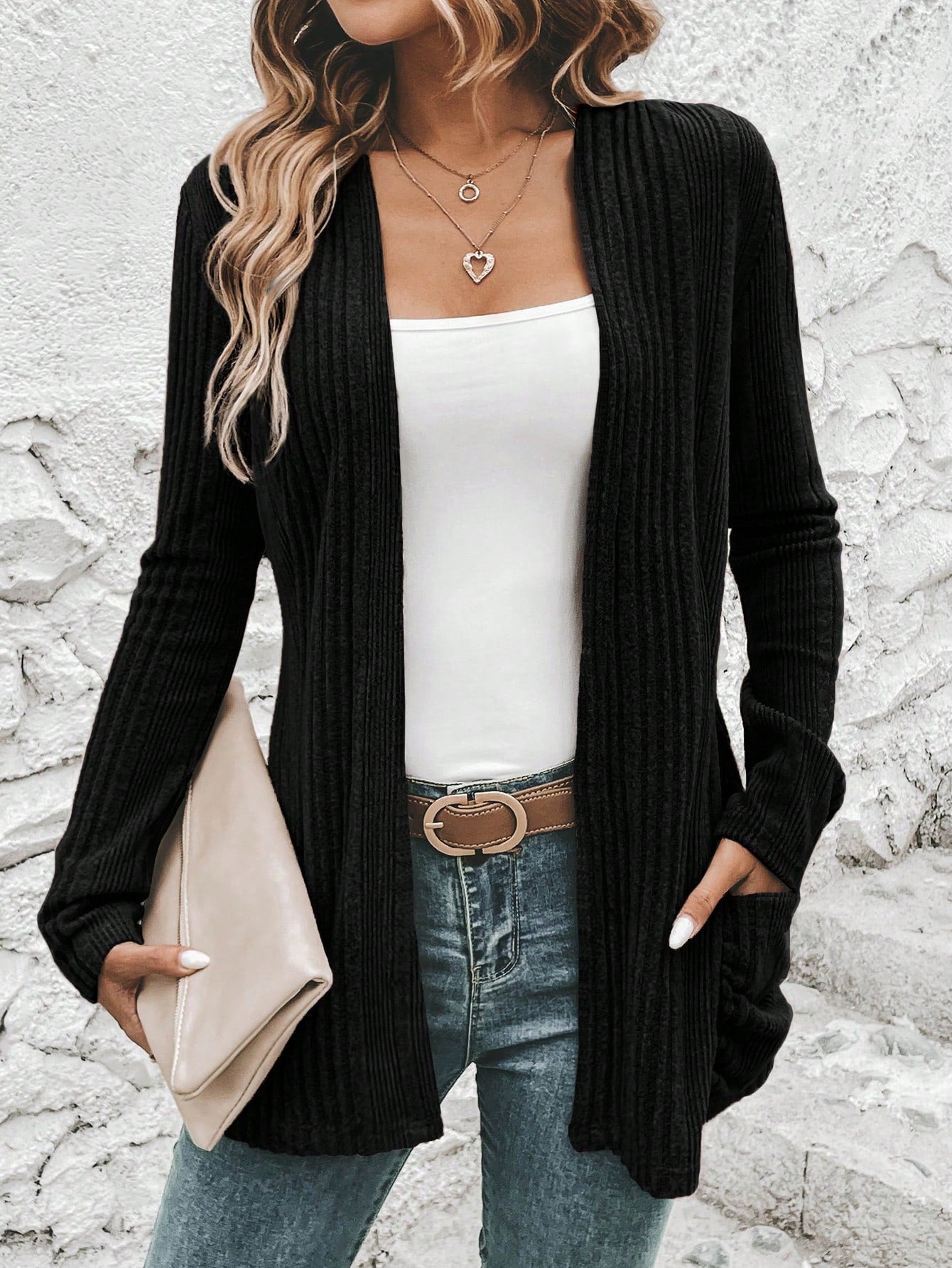 Dual Pocket Open Front Ribbed Knit Coat