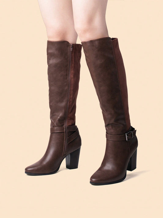 Women Heeled Knee High Boots Zip Up High Chunky Heeled Boots Valentine's Day