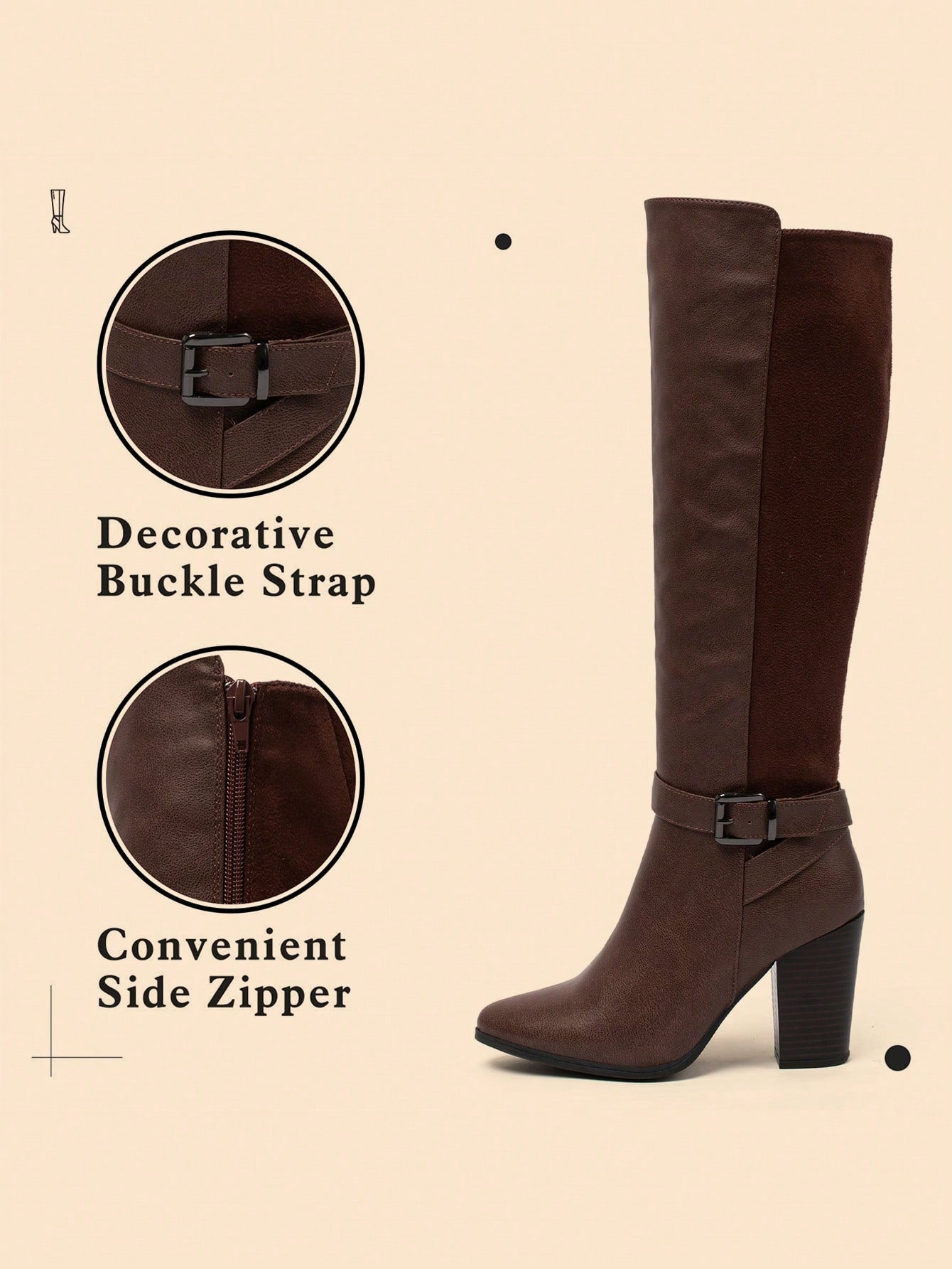 Women Heeled Knee High Boots Zip Up High Chunky Heeled Boots Valentine's Day