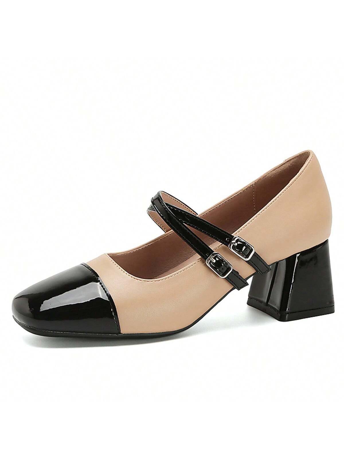 Fashionable Color Block, Cross Strap, Chunky Heel, Square Toe, Elegant Ladies High Heel Shoes